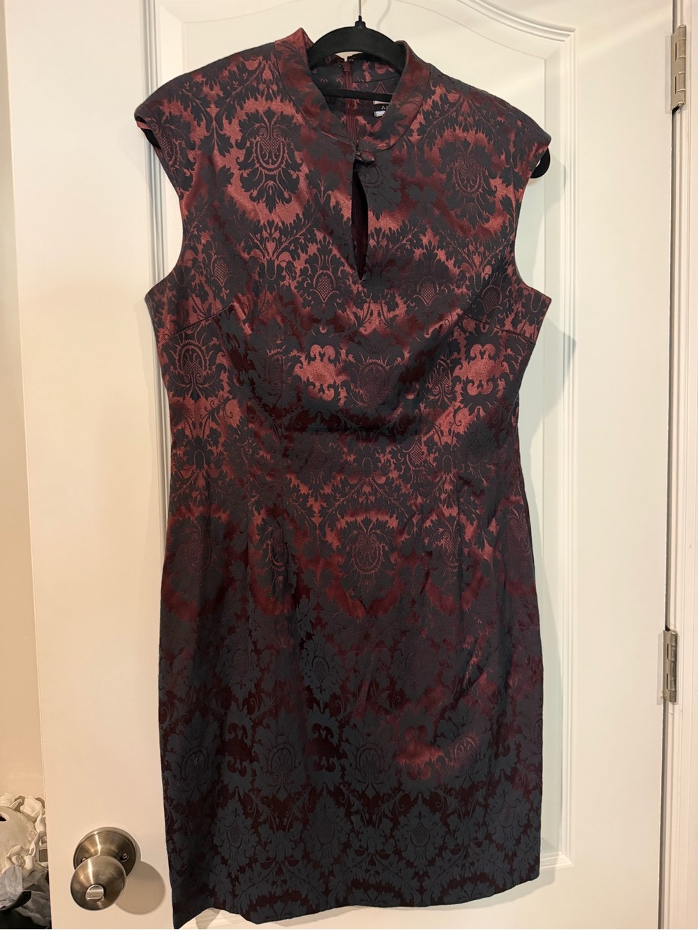 Amanda Smith Red and Black Brocade Mandarin Sheath Dress